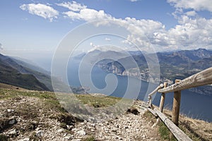 View of Lago di Garda from Monte Baldo with a wooden fence