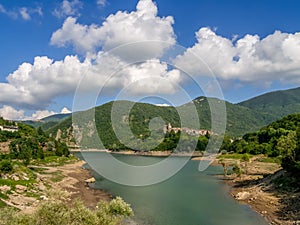 View of Lago ie Lake Vagli in Garfagnana, province of Lucca, Italy with Vagli Sotto village visible.It is a madmade