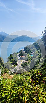 view of Lago Maggiore from a beautifully preserved medieval village Carmine Superiore. Cannobio. Italy