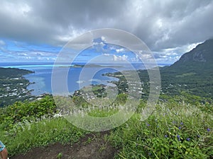 View of lagoon ocean island motu above Bora Bora, French Polynesia hiking climb