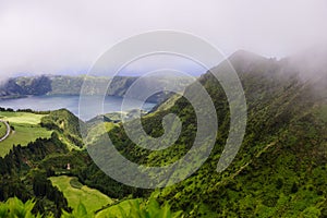 View of the lagoons from the Miradouro da Boca do Inferno, Sao Miguel island, Azores