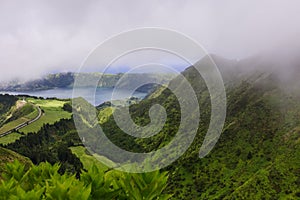 View of the lagoons from the Miradouro da Boca do Inferno, Sao Miguel island, Azores