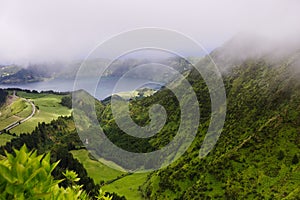 View of the lagoons from the Miradouro da Boca do Inferno, Sao Miguel island, Azores