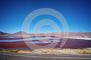 View of Laguna Colorada, colorful salt lake in Sur Lipez province, Potosi Bolivia