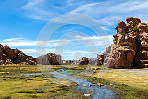 View of the Laguna Negra, Black lagoon Canyon with unique geological rock formations in Altiplano, Bolivia