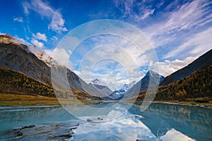 View from lake Akkem on mountain Belukha near board between Russia and Kazahstan during golden autumn