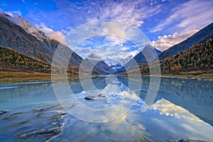 View from lake Akkem on mountain Belukha near board between Russia and Kazahstan during golden autumn