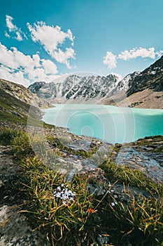 View of Lake Ala Kul and the snow-capped mountains around it on a sunny day in Kyrgyzstan, Central Asia