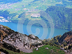 View of Lake Alpnachersee from the Pilatus mountain range in the Emmental Alps, Alpnach - Canton of Obwalden, Switzerland