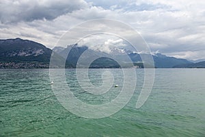 View of lake Annecy, France and mountains