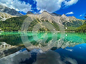 View of Lake antholz, a beautiful lake in South Tyrol, Italy