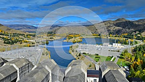 View of Lake Benmore from the top of the dam that powers the hydroelectric power station, in Canterbury photo