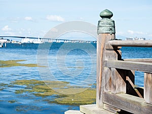 View of Lake Biwa with Biwako Bridge on the background from Ukimi-do pavilion - Shiga prefecture, Japan