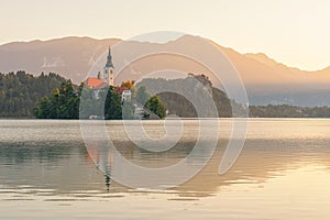 View of Lake Bled Island at Sunrise