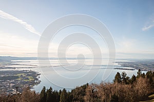 view of Lake Constance Bodensee from Mount Pfender, the island of Lindau is visible