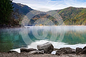 A view of Lake Eibsee on an Autumn day