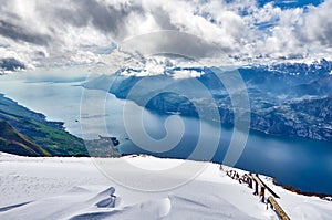 View of the Lake Garda from mount of Monte Baldo, Italy. Garda lake in the winter  time