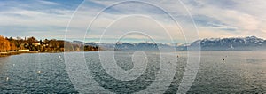 View on Lake Geneva from waterfront in Lausanne, Switzerland