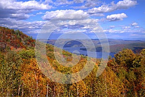 View of Lake George, NY in autumn from mountain top