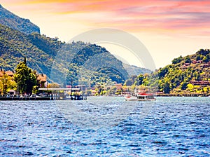 View of the Lake Iseo, colorful summer morning. Region Lombardy, Province Brescia (BS) in Iseo Lake.