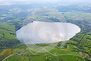 View of Lake Issarles with a motorhome in the foreground, Le Lac-d`Issarles, Ardeche, Auvergne-RhÃ´ne-Alpes, France