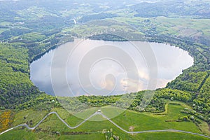 View of Lake Issarles with a motorhome in the foreground, Le Lac-d`Issarles, Ardeche, Auvergne-RhÃ´ne-Alpes, France