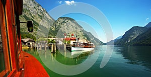 View of the lake of KÃÂ¶nigsee with st Bartholoma church, Berchtesgaden National Park, Germany