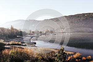 View of Lake Lacar in the province of Neuquen in Argentina in the early morning during Autumn in Patagonia