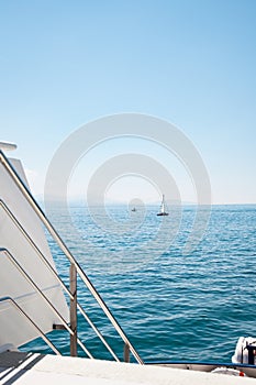 View of Lake Leman Geneva Lake on sunny summer day from open deck of modern boat