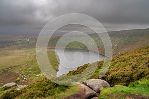 View on the lake Lough Bray from the top of the hill in Wicklow Mountains