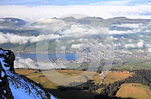 View of Lake Lucerne from the summit of Mount Rigi. Swiss Alps, Switzerland, Europe.