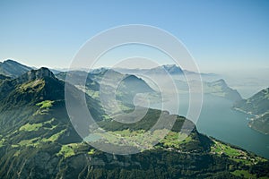 View on Lake Lucerne and surrounding mountains from top of Fronalpstock peak close to Stoos