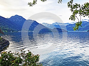 A view of the lake Lucerne or Vierwaldstaetersee and Swiss Alps from the Vitznau settlement