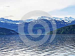 A view of the lake Lucerne or Vierwaldstaetersee and Swiss Alps from the Vitznau settlement