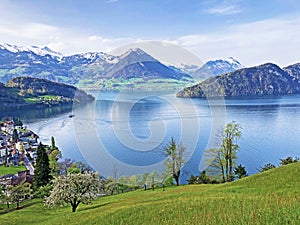 View of Lake Lucerne or Vierwaldstaetersee with Vitznau settlement and Swiss Alps in the background