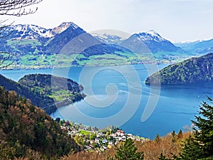 View of Lake Lucerne or Vierwaldstaetersee with Vitznau settlement and Swiss Alps in the background