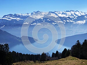 View of Lake Lucerne VierwaldstÃÂ¤tersee and Swiss Alps in the background from Rigi Mountain