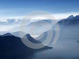 View of Lake Lucerne VierwaldstÃÂ¤tersee and Swiss Alps in the background from Rigi Mountain