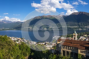 View of the lake Maggiore and Madonna del Sasso, Orselina, Ticino, Switzerland