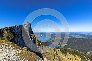 View of lake Mondsee from top of Schafberg,Austria,Salzkammergut region.Blue sky, Alps mountains,Salzburg, nearby Wolfgangsee,