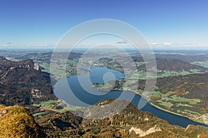 View of lake Mondsee from top of Schafberg,Austria,Salzkammergut region.Blue sky, Alps mountains,Salzburg, nearby Wolfgangsee,