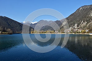 View of lake at Most na Soci and Modrej village