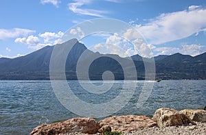 View of the lake and the mountain formation from the east side to the west side of the lake in beautiful weather with blue sky