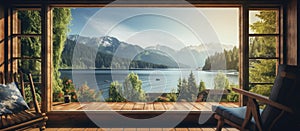 View of lake, mountains, clouds through window a natural landscape art