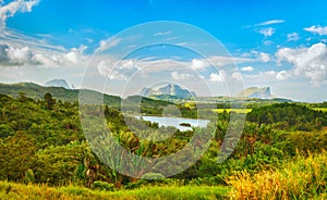 View of a lake and mountains. Mauritius. Panorama