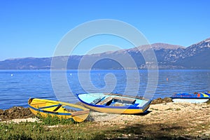 view of Lake Ohrid with fisherman boats near Pogradec, Albania