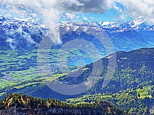 View of Lake Sarnersee from the Pilatus mountain range in the Emmental Alps, Alpnach - Canton of Obwalden, Switzerland / Schweiz