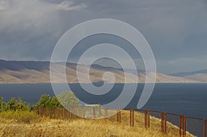 View of Lake Sevan and mountain range, from Sevanavank Sevan Monastery in the Gegharkunik Province