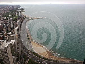 View on Lake Shore drive in Chicago from John Hancock  building lake Michigan