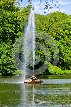 View of lake with Snake Fountain in Sofiyivka park in Uman, Ukraine